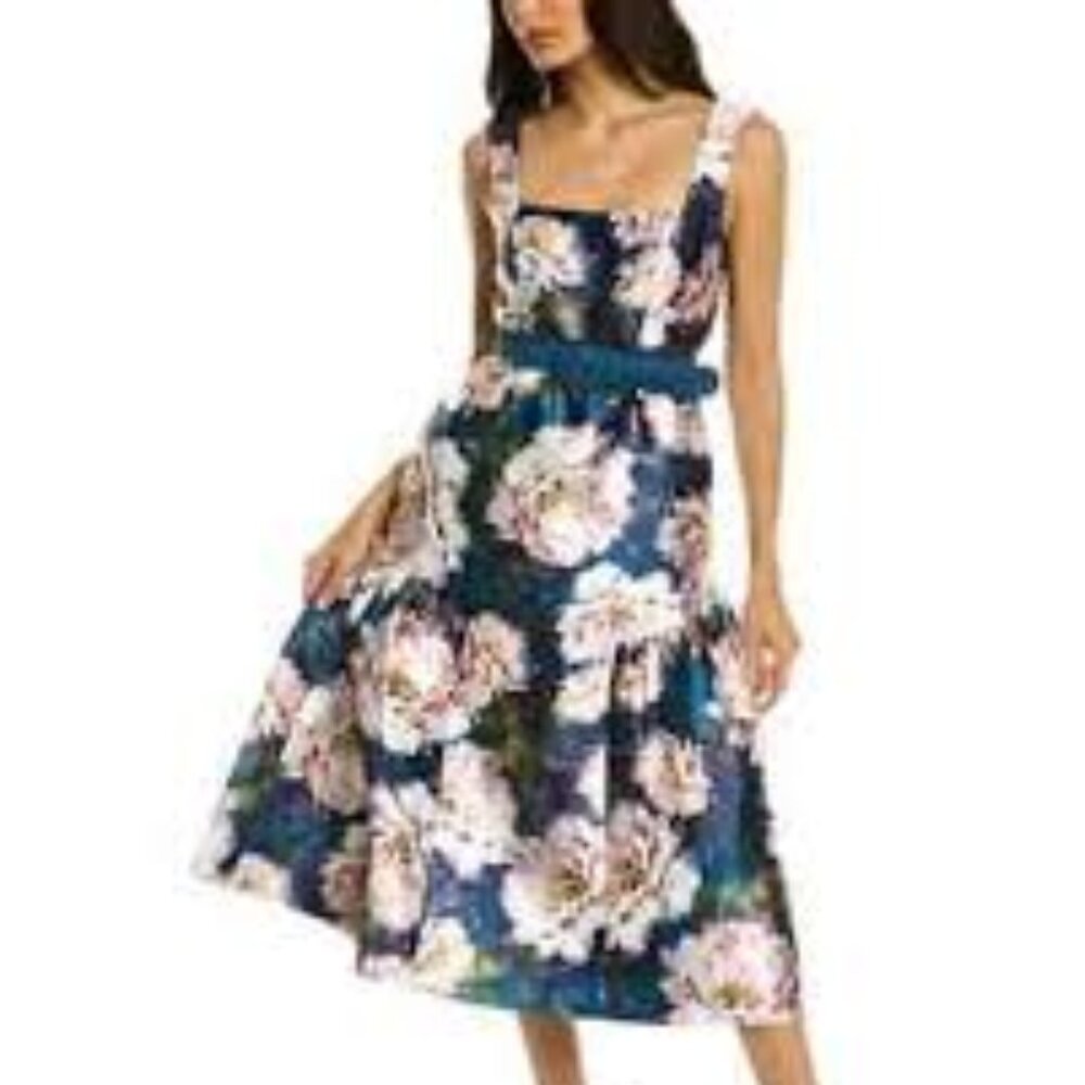 Kay Unger blush blue floral Lydia tea length cocktail dress size 10 - Picture 3 of 11